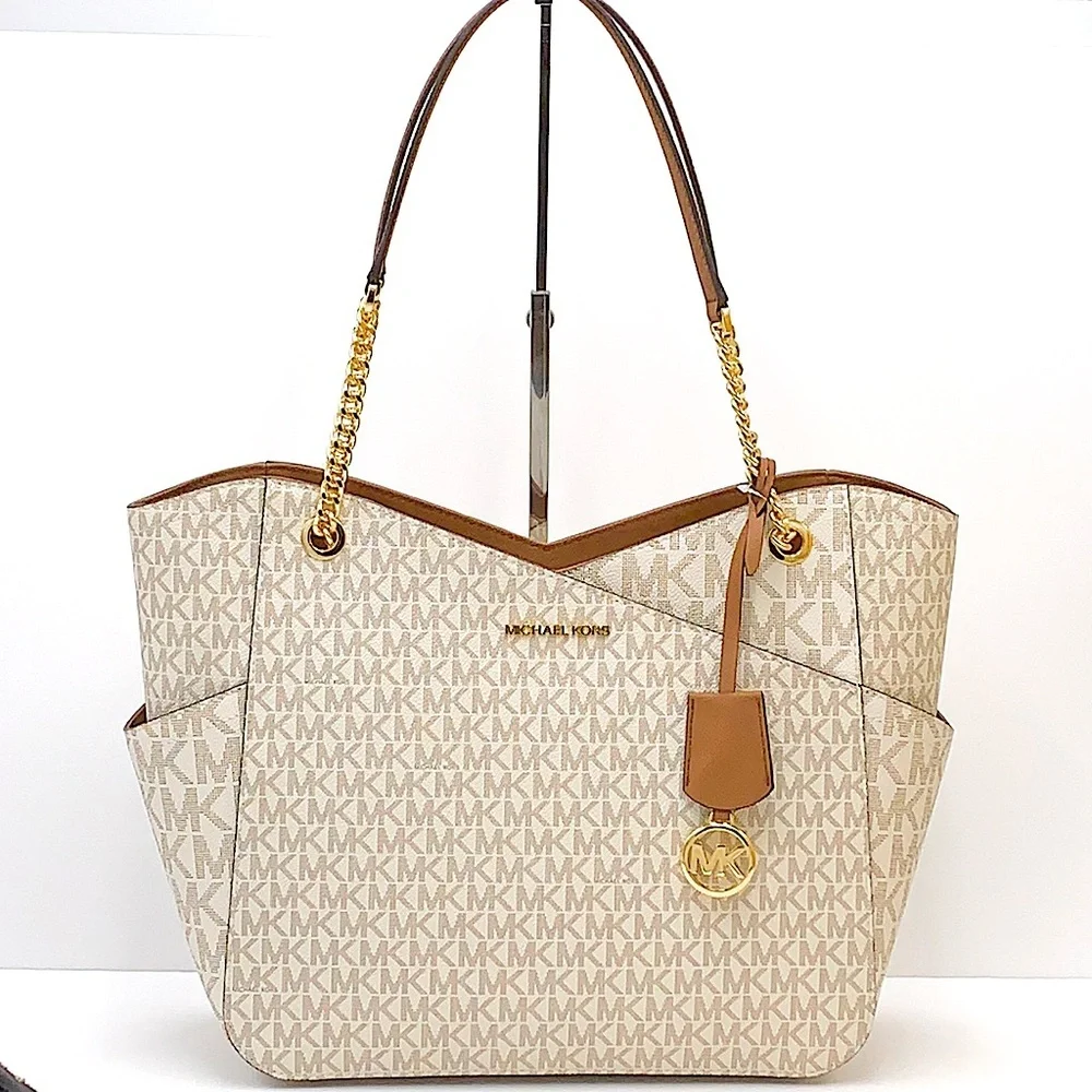 MICHAEL KORS LARGE X CHAIN SHOULDER TOTE VANILLA SIGNATURE